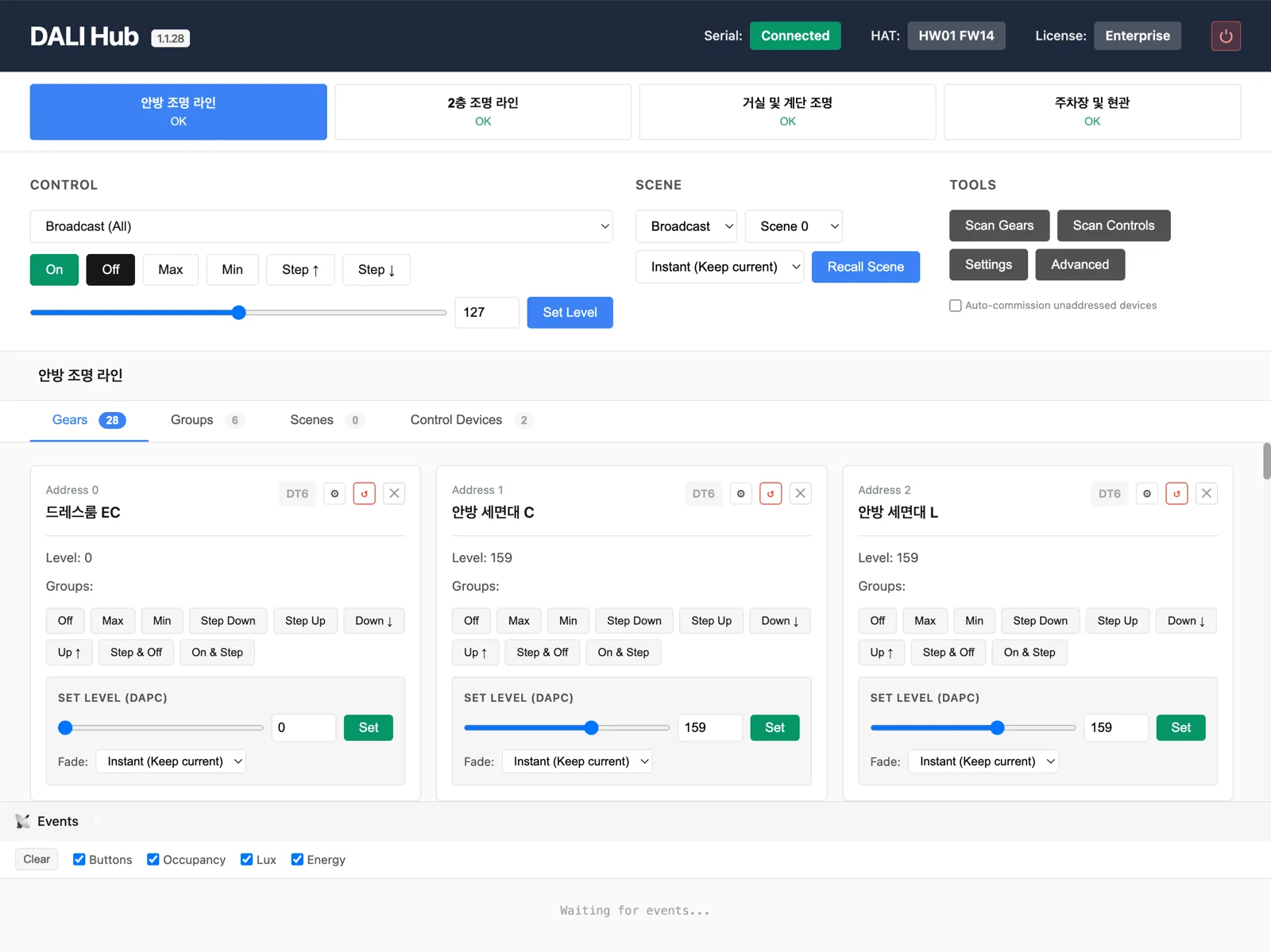 DALI Hub web console — 4 DALI lines, gear scan, DAPC level control